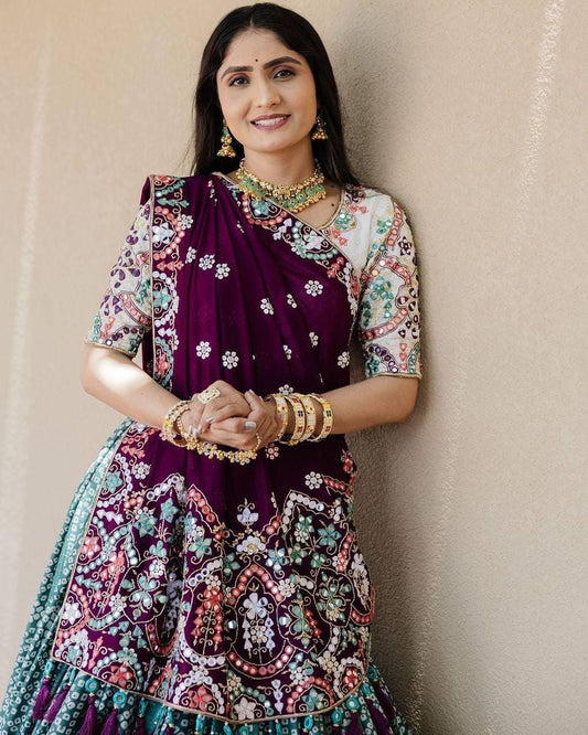 Gujarati Navratri Garba Outfit Mirror Work Lehenga Choli with Digital Print & Resham Lace – Festive Ethnic Muslin Cotton Lehenga Set
