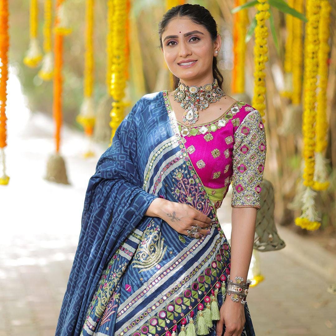 Navratri Garba Lehenga Choli in Heavy Muslin Cotton with Digital Print, Real Mirror Work & Fancy Resham Lace – Festive Gujarati Lehenga Set