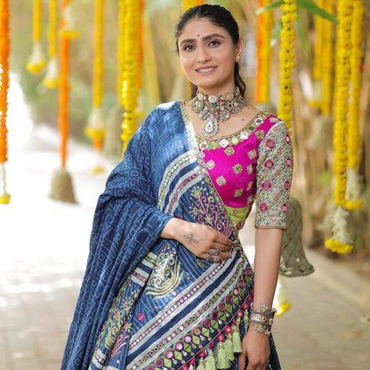 Navratri Garba Lehenga Choli in Heavy Muslin Cotton with Digital Print, Real Mirror Work & Fancy Resham Lace – Festive Gujarati Lehenga Set