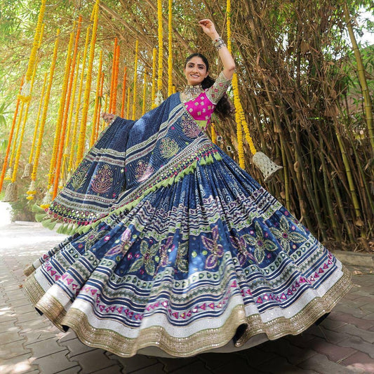 Navratri Garba Lehenga Choli in Heavy Muslin Cotton with Digital Print, Real Mirror Work & Fancy Resham Lace – Festive Gujarati Lehenga Set