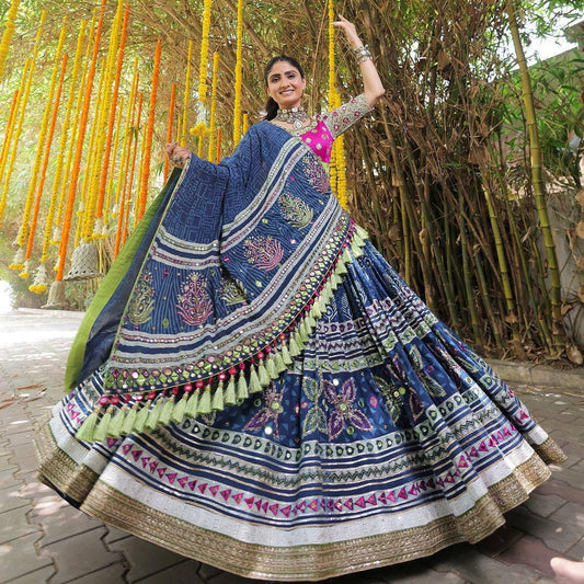 Navratri Garba Lehenga Choli in Heavy Muslin Cotton with Digital Print, Real Mirror Work & Fancy Resham Lace – Festive Gujarati Lehenga Set