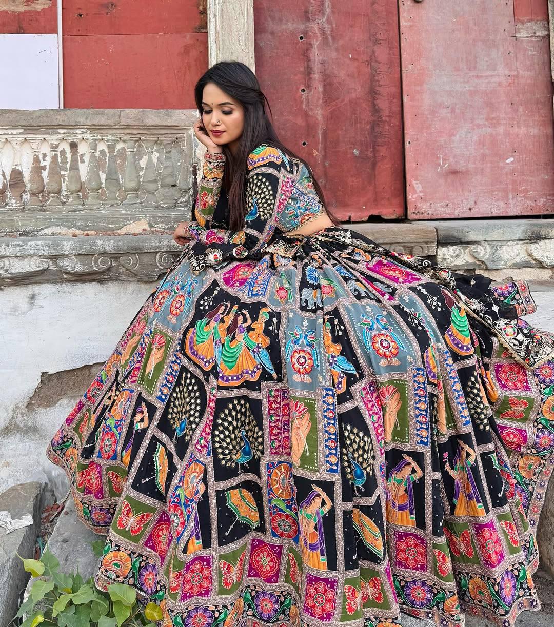 Navratri Special Muslin Cotton Lehenga Choli with Real Mirror Work, Digital Print & Georgette Dupatta – Festive Ethnic Wear