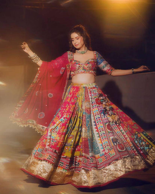Navratri Special Designer Lehenga Choli in Heavy Muslin Cotton with Real Mirror Work, Canvas Border & Handworked Dupatta
