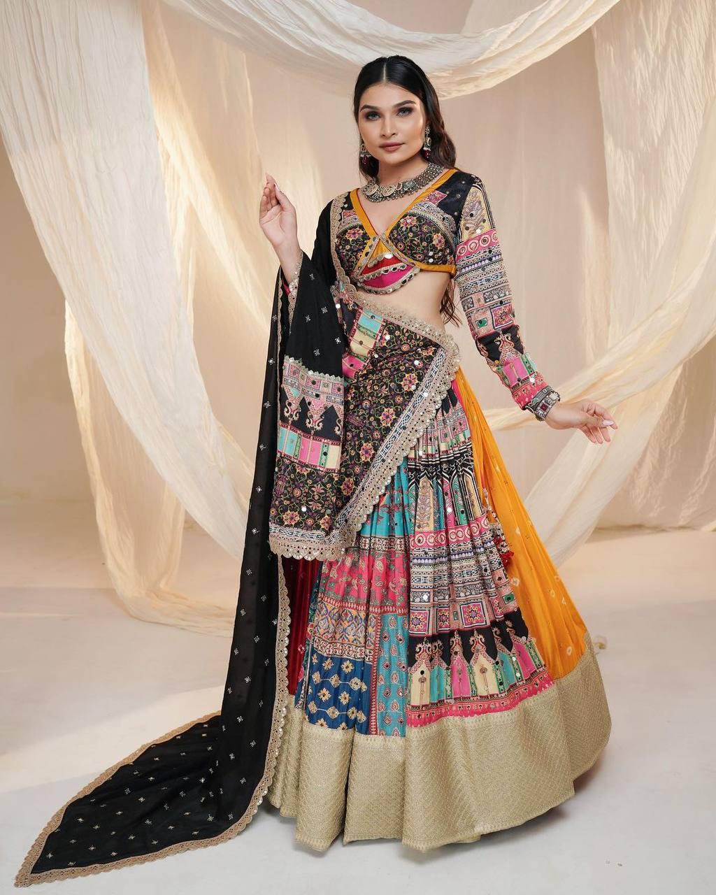 Navratri Special Designer Printed Lehenga Choli in Heavy Muslin Cotton with Digital Print & Real Mirror Work, Festive Indian Outfit