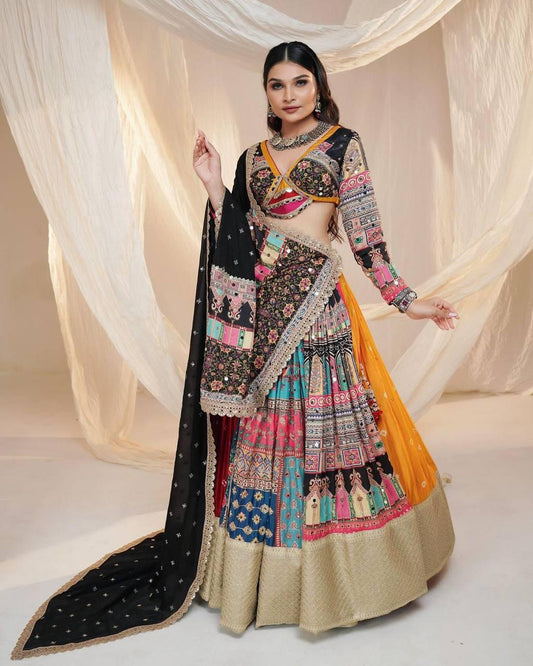 Navratri Special Designer Printed Lehenga Choli in Heavy Muslin Cotton with Digital Print & Real Mirror Work, Festive Indian Outfit