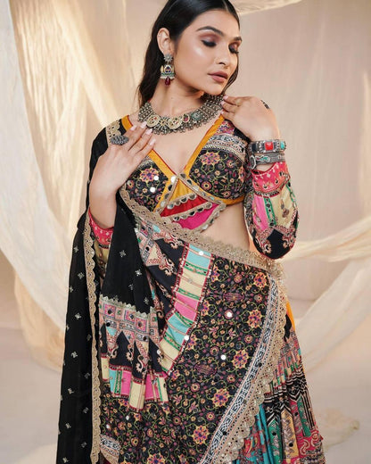 Navratri Special Designer Printed Lehenga Choli in Heavy Muslin Cotton with Digital Print & Real Mirror Work, Festive Indian Outfit