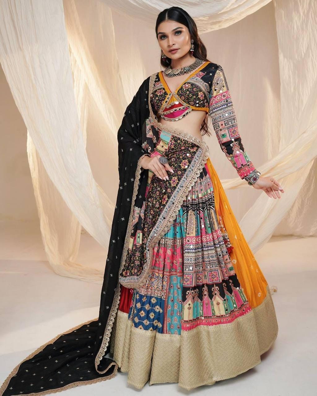 Navratri Special Designer Printed Lehenga Choli in Heavy Muslin Cotton with Digital Print & Real Mirror Work, Festive Indian Outfit