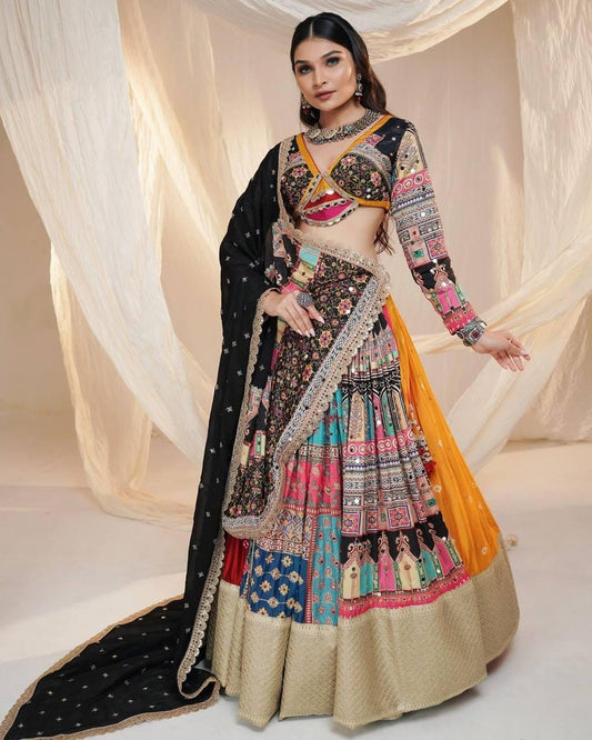 Navratri Special Designer Printed Lehenga Choli in Heavy Muslin Cotton with Digital Print & Real Mirror Work, Festive Indian Outfit