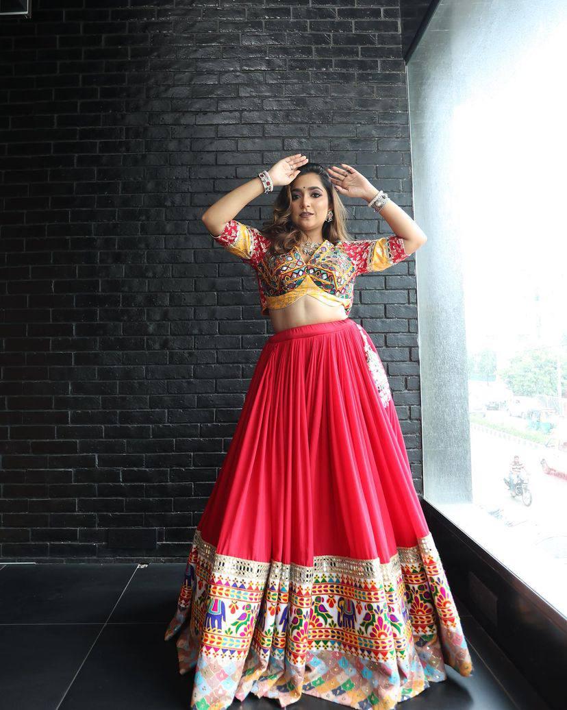 Navratri Special Designer Muslin Cotton Lehenga Choli with Digital Print & Real Mirror Work, Festive Garba And Wedding Outfit