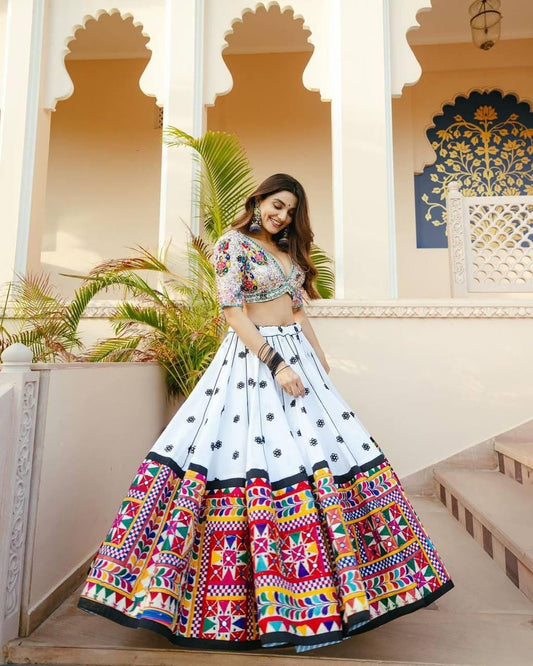 Navratri Special Muslin Cotton Lehenga Choli with Embroidery, Digital Print & Real Mirror Work – Festive Garba And Wedding Wear