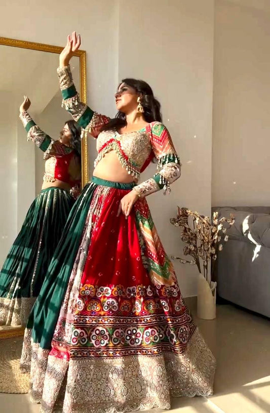 Navratri Special Muslin Cotton Lehenga Choli with Gota Patti Lace, Real Mirror Work & Handcrafted Dupatta for Festive Wear