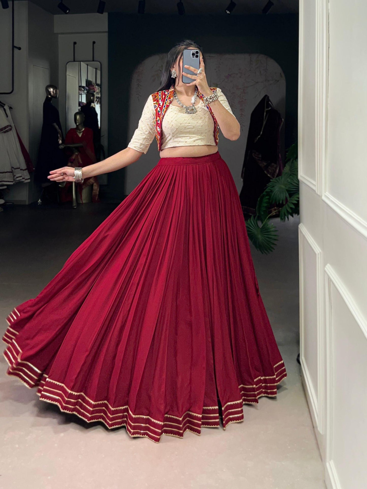 Navratri 2025 Rayon Lehenga Choli with Gamthi Mirror Work, Sequins Embroidery & Gota Patti Lace – Festive Garba Dance Outfit