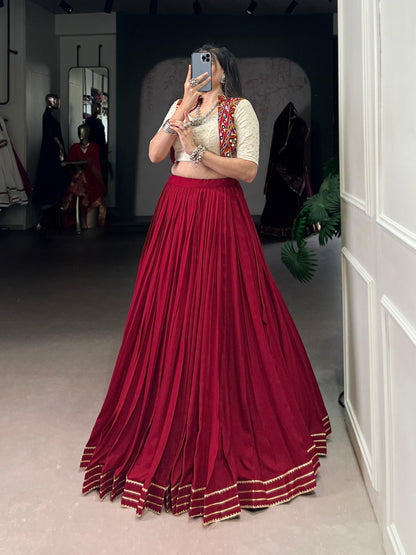 Navratri 2025 Rayon Lehenga Choli with Gamthi Mirror Work, Sequins Embroidery & Gota Patti Lace – Festive Garba Dance Outfit