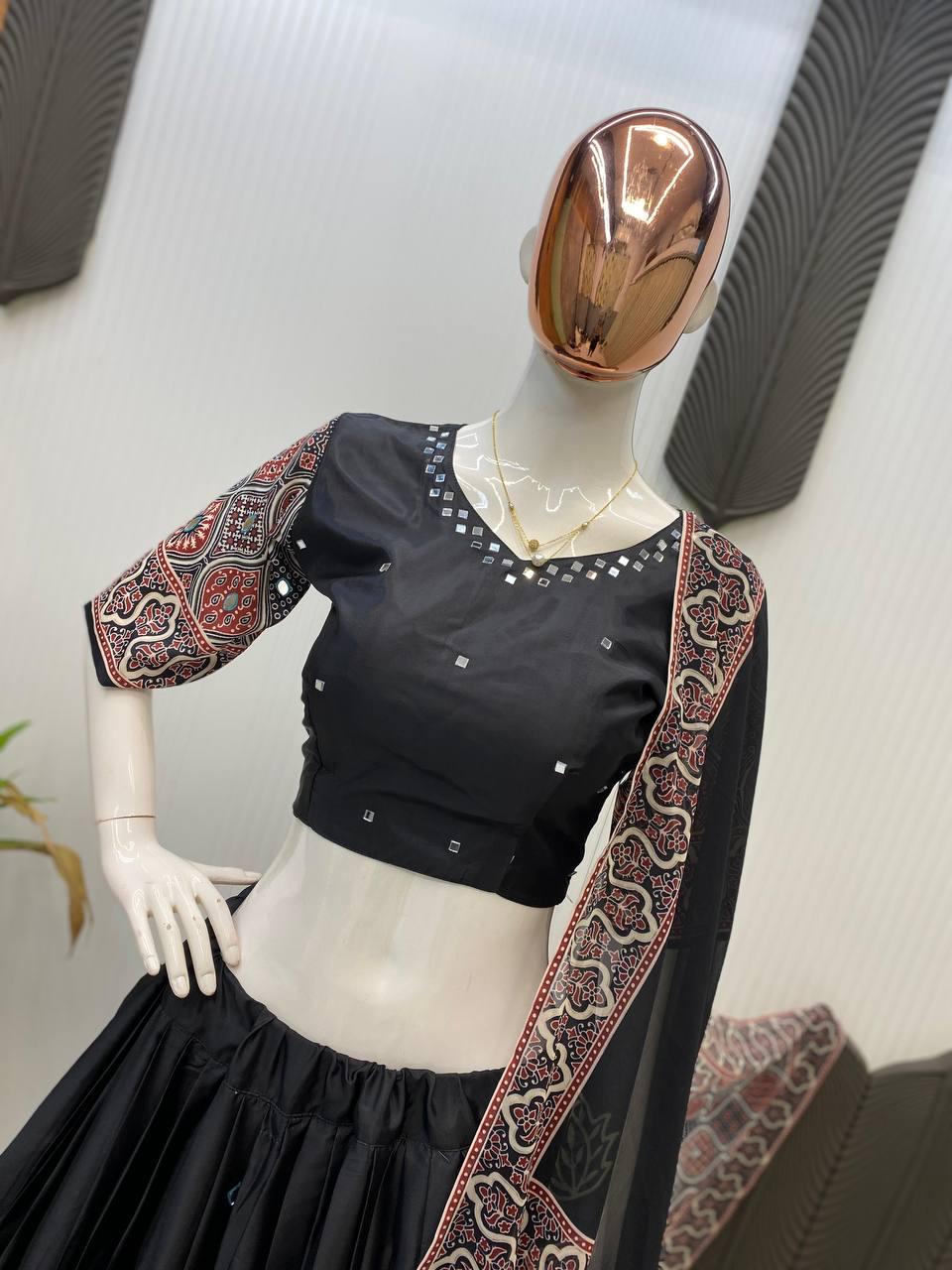 Navratri Printed Lehenga Choli with Real Mirror Work, Crape Silk Skirt, Georgette Dupatta, Festive Indian Ethnic Wear