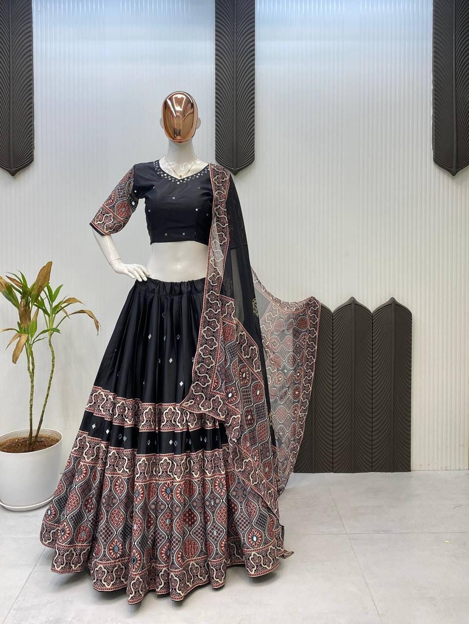 Navratri Printed Lehenga Choli with Real Mirror Work, Crape Silk Skirt, Georgette Dupatta, Festive Indian Ethnic Wear