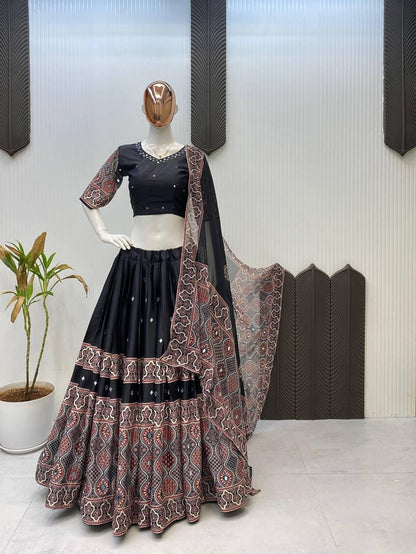Navratri Printed Lehenga Choli with Real Mirror Work, Crape Silk Skirt, Georgette Dupatta, Festive Indian Ethnic Wear