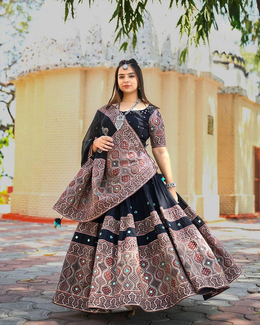 Navratri Printed Lehenga Choli with Real Mirror Work, Crape Silk Skirt, Georgette Dupatta, Festive Indian Ethnic Wear