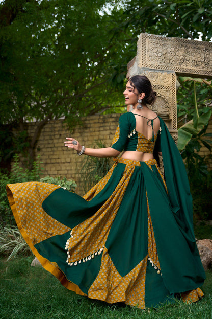 Mustard Green Cotton Chaniya Choli with Printed Kali & Cowrie Lace – Elegant Navratri Lehenga Choli for Garba and Festive Celebrations