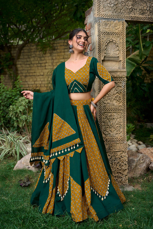 Mustard Green Cotton Chaniya Choli with Printed Kali & Cowrie Lace – Elegant Navratri Lehenga Choli for Garba and Festive Celebrations