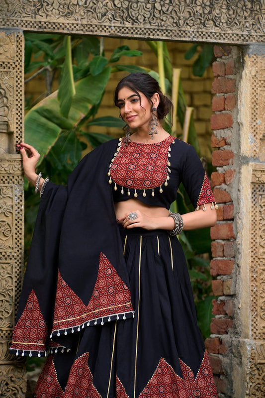 Elegant Black Navratri Lehenga Choli Set with Gota Patti, Paper Mirror Work & Printed Dupatta | Festive Garba Outfit 2025