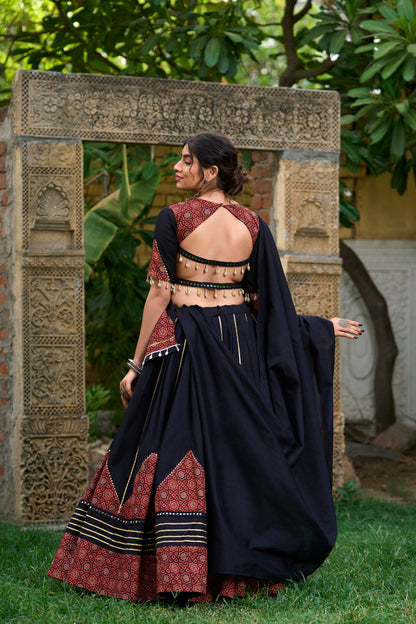 Elegant Black Navratri Lehenga Choli Set with Gota Patti, Paper Mirror Work & Printed Dupatta | Festive Garba Outfit 2025