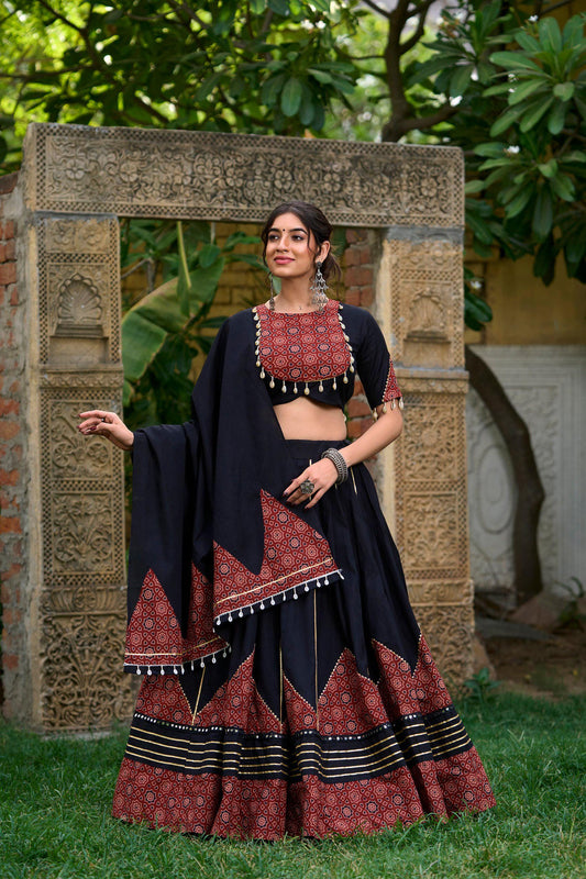 Elegant Black Navratri Lehenga Choli Set with Gota Patti, Paper Mirror Work & Printed Dupatta | Festive Garba Outfit 2025