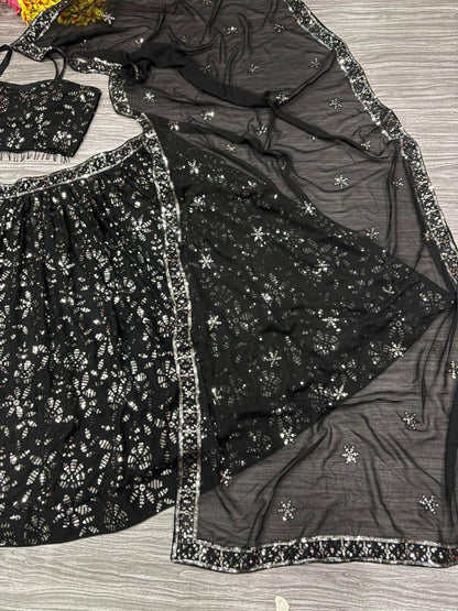 Premium Georgette Lehenga Choli Set – Embroidered Sequins Work with Heavy Dupatta & Cancan | Designer Indian Wedding Outfit