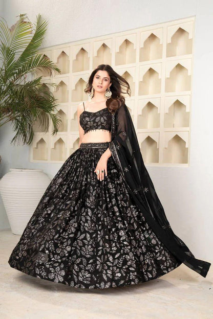 Premium Georgette Lehenga Choli Set – Embroidered Sequins Work with Heavy Dupatta & Cancan | Designer Indian Wedding Outfit