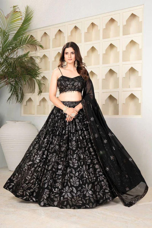 Premium Georgette Lehenga Choli Set – Embroidered Sequins Work with Heavy Dupatta & Cancan | Designer Indian Wedding Outfit