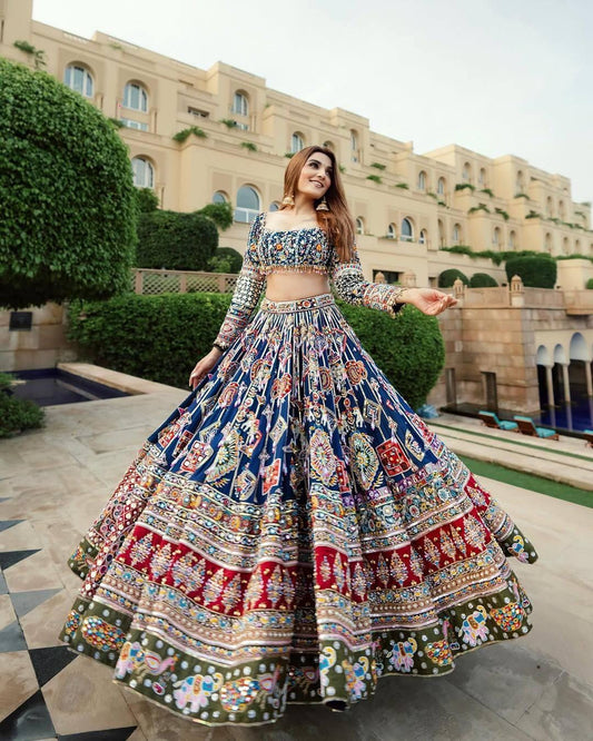 Gujarati Navratri Garba Outfit Mirror Work Chaniya Choli with Digital Print, Real Mirror & Gota Patti Lace Work – Festive Ethnic Lehenga Set