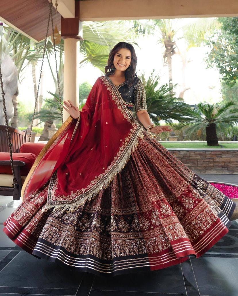 Designer Navratri Special Lehenga Choli in Heavy Muslin Cotton with Real Mirror Work, Gota Patti Lace & Embroidered Georgette Dupatta