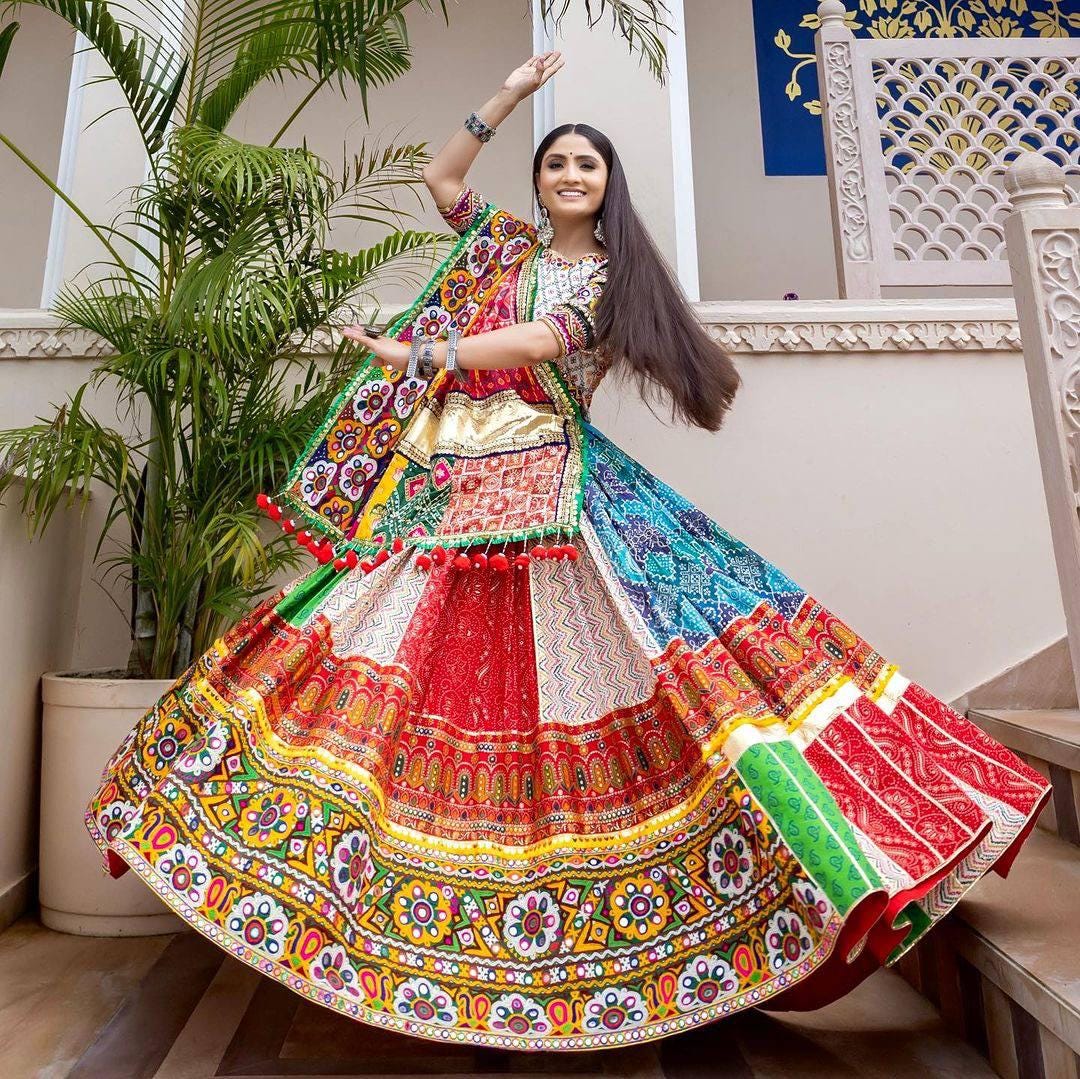 Designer Muslin Cotton Printed Lehenga Choli with Real Mirror Work and Dupatta | Festive Wear Navratri Garba Indian Ethnic Outfit