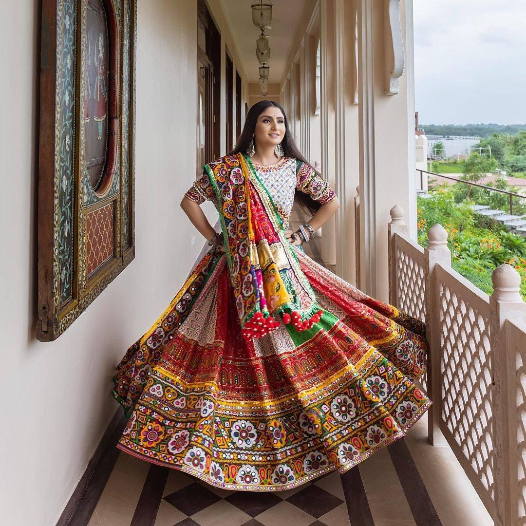 Designer Muslin Cotton Printed Lehenga Choli with Real Mirror Work and Dupatta | Festive Wear Navratri Garba Indian Ethnic Outfit