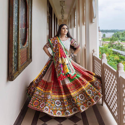 Designer Muslin Cotton Printed Lehenga Choli with Real Mirror Work and Dupatta | Festive Wear Navratri Garba Indian Ethnic Outfit