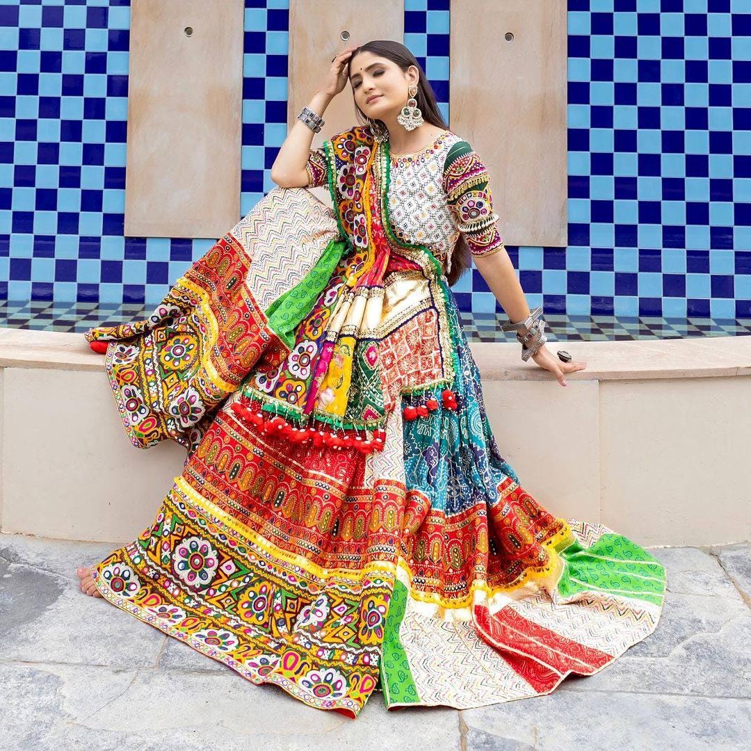 Designer Muslin Cotton Printed Lehenga Choli with Real Mirror Work and Dupatta | Festive Wear Navratri Garba Indian Ethnic Outfit