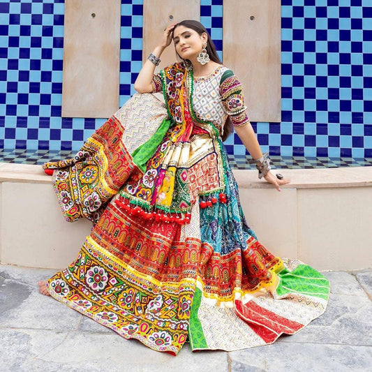 Designer Muslin Cotton Printed Lehenga Choli with Real Mirror Work and Dupatta | Festive Wear Navratri Garba Indian Ethnic Outfit