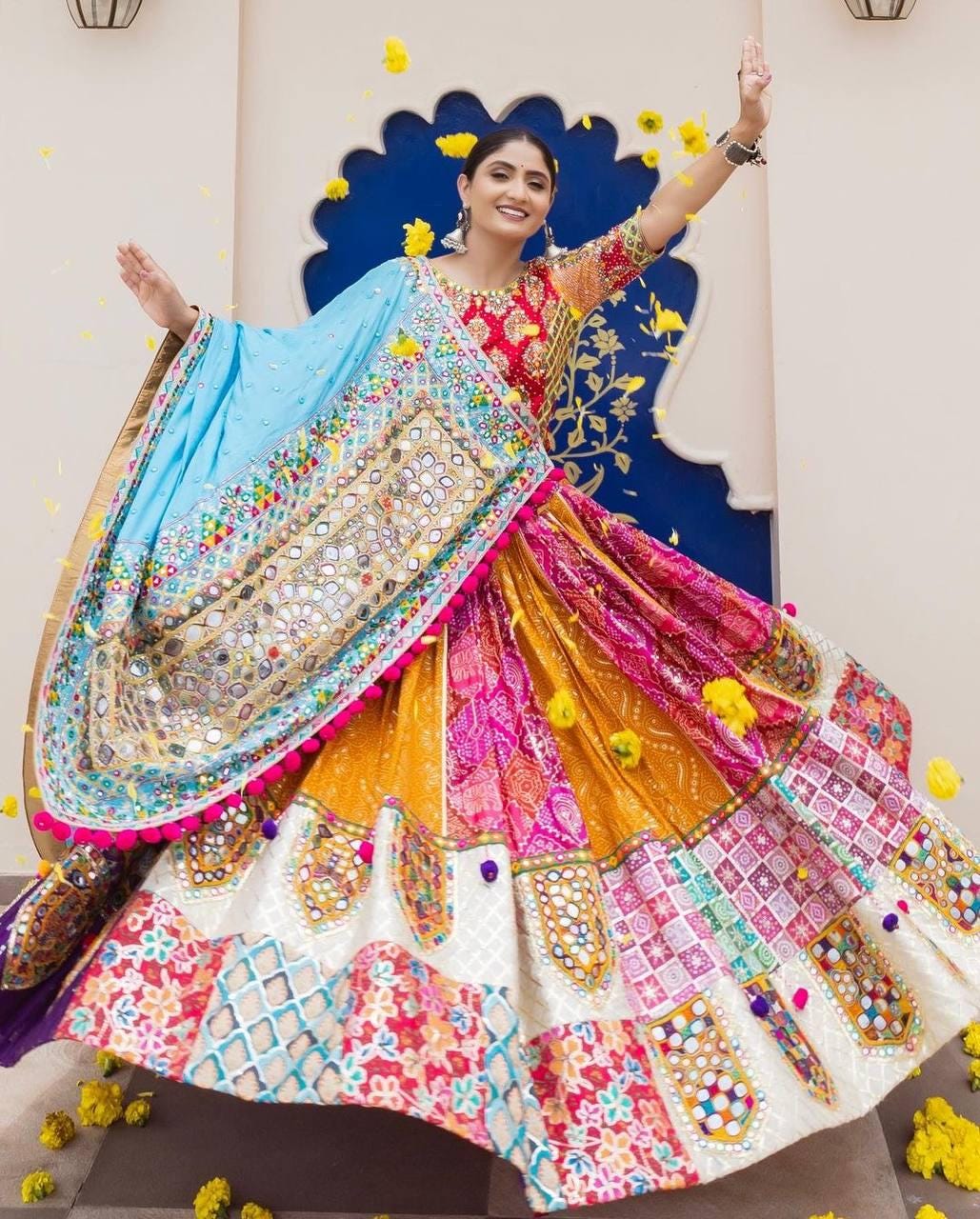 Designer Muslin Cotton Lehenga Choli with Digital Print, Real Mirror Work & Dupatta with PomPom Lace – Festive Wedding Outfit
