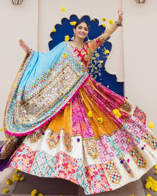 Designer Muslin Cotton Lehenga Choli with Digital Print, Real Mirror Work & Dupatta with PomPom Lace – Festive Wedding Outfit