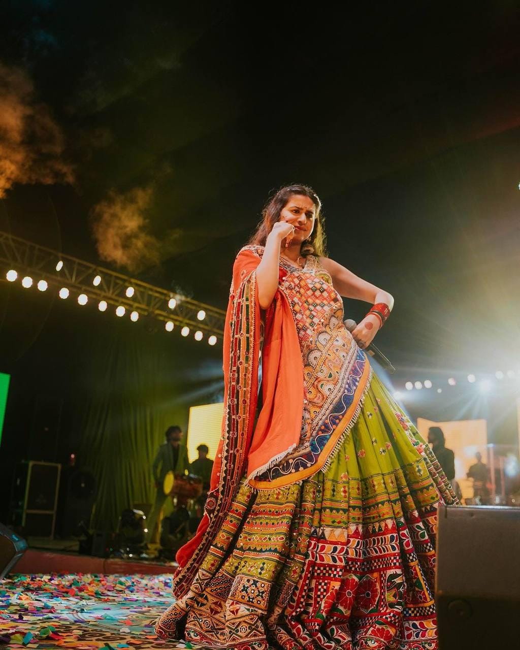 Gujarati Navratri Garba Lehenga Choli in Muslin Cotton with Digital Print, Real Mirror Embroidery & Handwork Lace Dupatta