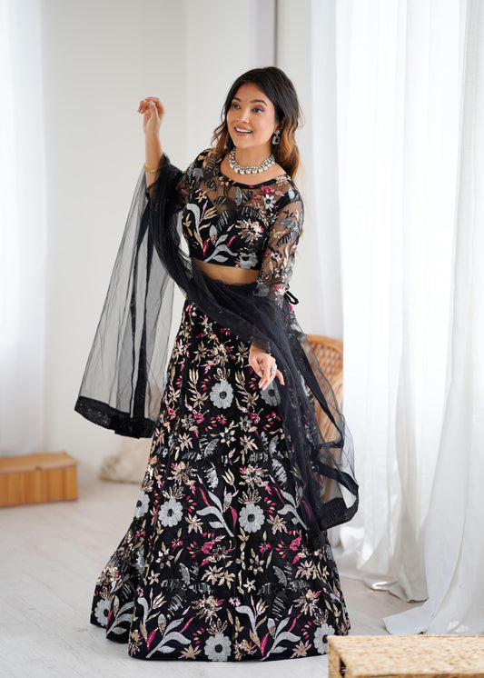 Butterfly Net Lehenga Choli with Heavy Embroidery & Four Sequins Work, Designer Bridal Party Wear Outfit with Dupatta