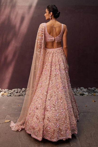 Pastel Pearl Beaded Lehenga Choli with Sequins and Dori Embroidery, Georgette Bridal Wear Outfit with Net Dupatta for Wedding & Party