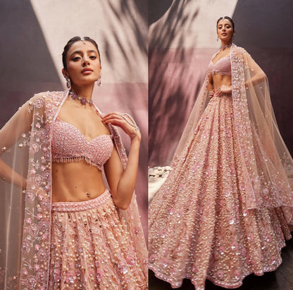 Pastel Pearl Beaded Lehenga Choli with Sequins and Dori Embroidery, Georgette Bridal Wear Outfit with Net Dupatta for Wedding & Party