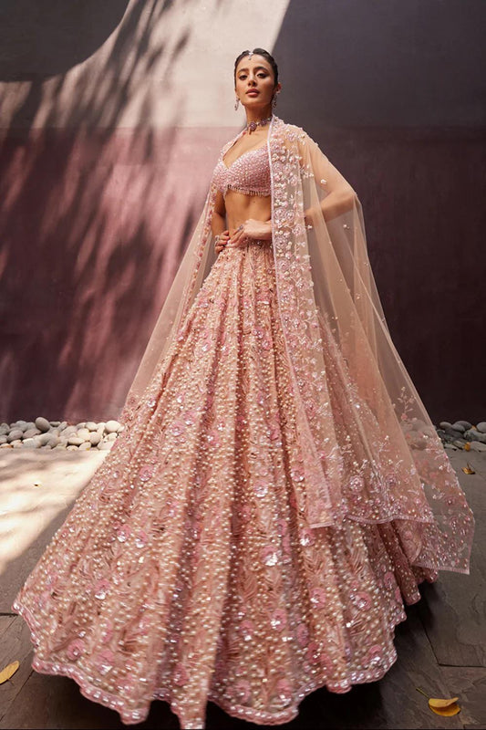 Pastel Pearl Beaded Lehenga Choli with Sequins and Dori Embroidery, Georgette Bridal Wear Outfit with Net Dupatta for Wedding & Party