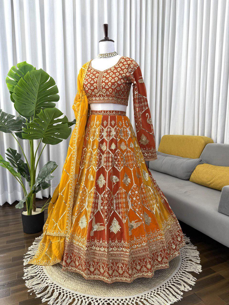 Designer Georgette Lehenga Choli with Heavy Thread & Sequin Embroidery, 4.8m Flared Skirt and Dupatta – Wedding And Festive Wear