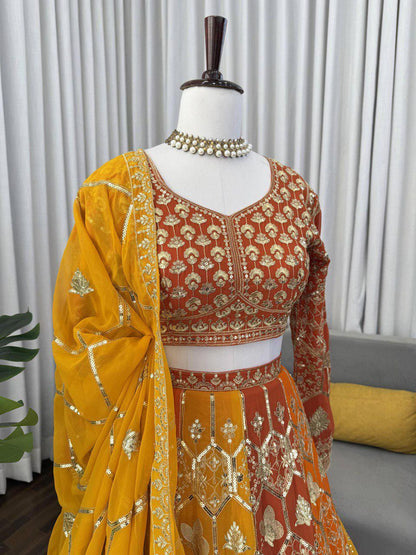 Designer Georgette Lehenga Choli with Heavy Thread & Sequin Embroidery, 4.8m Flared Skirt and Dupatta – Wedding And Festive Wear