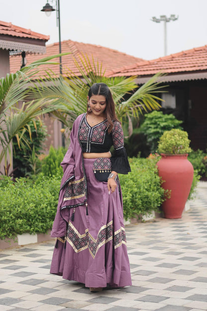 Navratri Special Ajrakh Print Cotton Lehenga Choli with Dupatta & Purse | 6 Meter Flair Mirror Work Indian Ethnic Festive Outfit