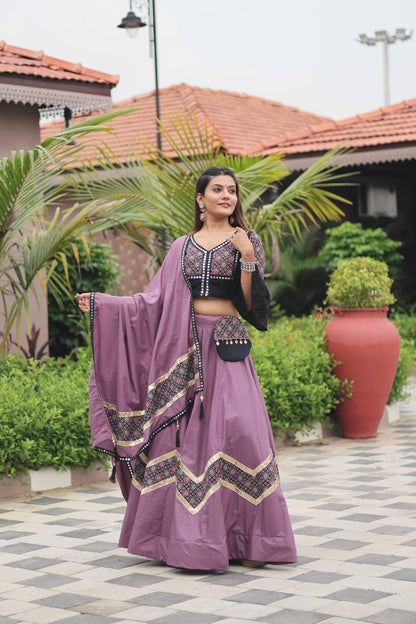 Navratri Special Ajrakh Print Cotton Lehenga Choli with Dupatta & Purse | 6 Meter Flair Mirror Work Indian Ethnic Festive Outfit