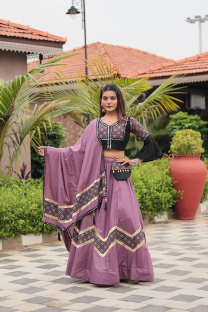 Navratri Special Ajrakh Print Cotton Lehenga Choli with Dupatta & Purse | 6 Meter Flair Mirror Work Indian Ethnic Festive Outfit