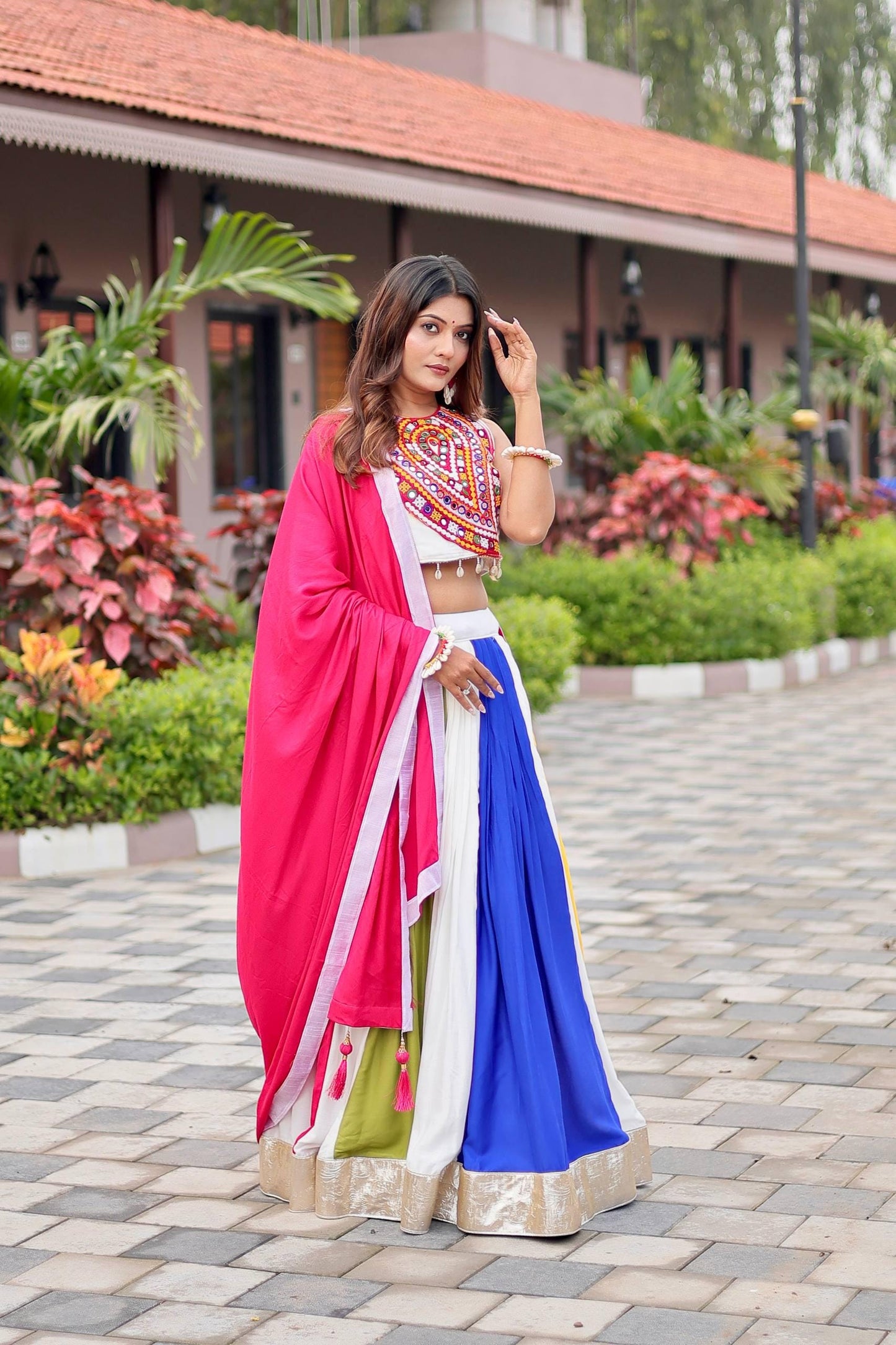 Navratri Special Gamthi Work Lehenga Choli with Mirror Embroidery, 6 Meter Flair Cotton Dupatta & Hand Purse Gift – Festival Outfit