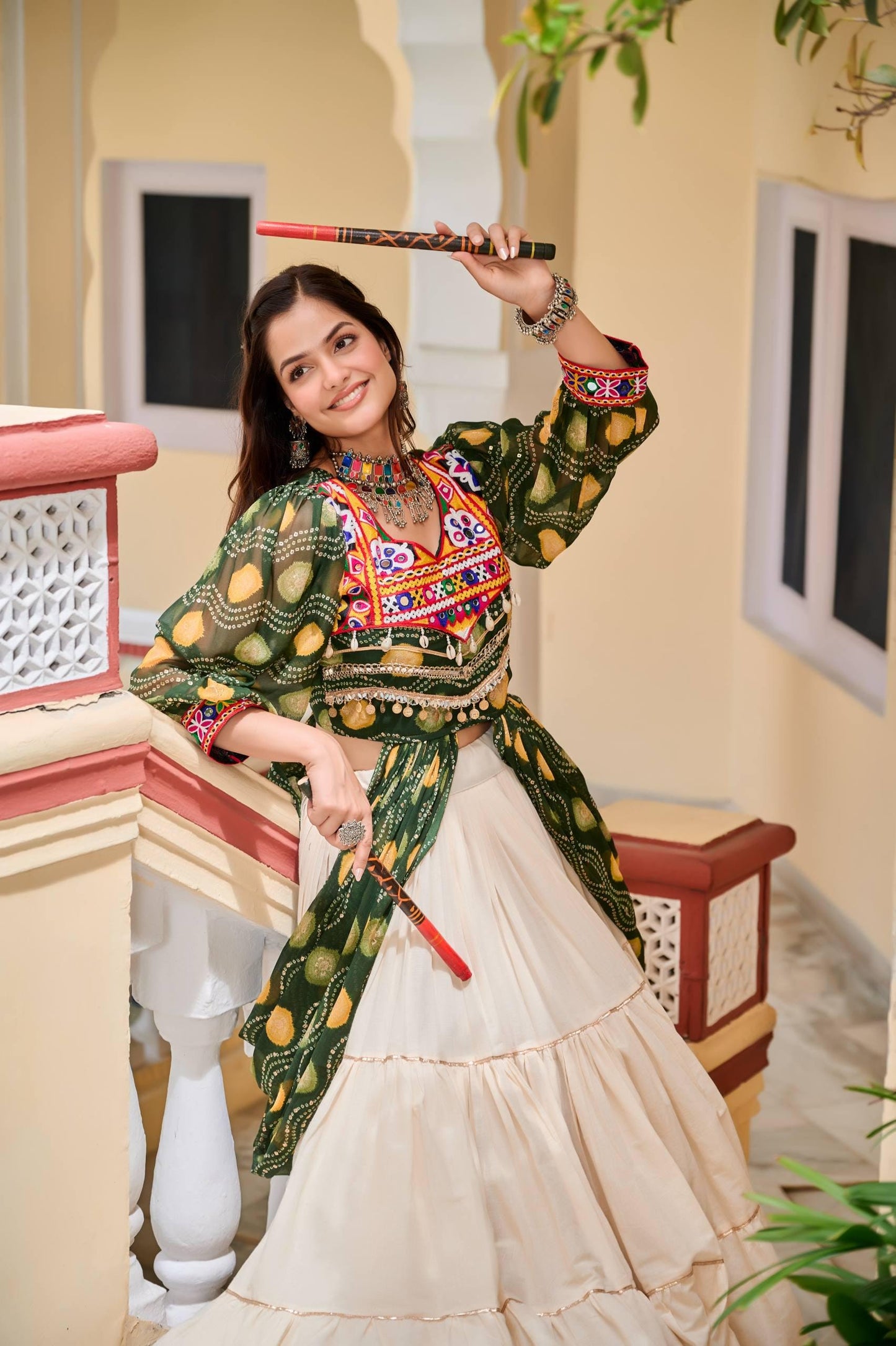 Navratri Gamthi Work Lehenga Choli with Mirror & Ribbon Lace Shrug | Pure Cotton Blue and Green Traditional Garba Outfit for Women